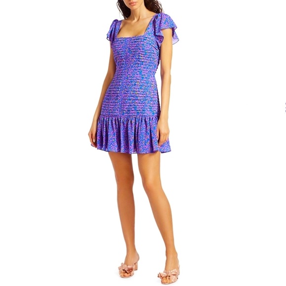 Tanya Taylor Yvette floral confetti cerulean print ruffle hem silk dress, size 6 - Picture 11 of 11